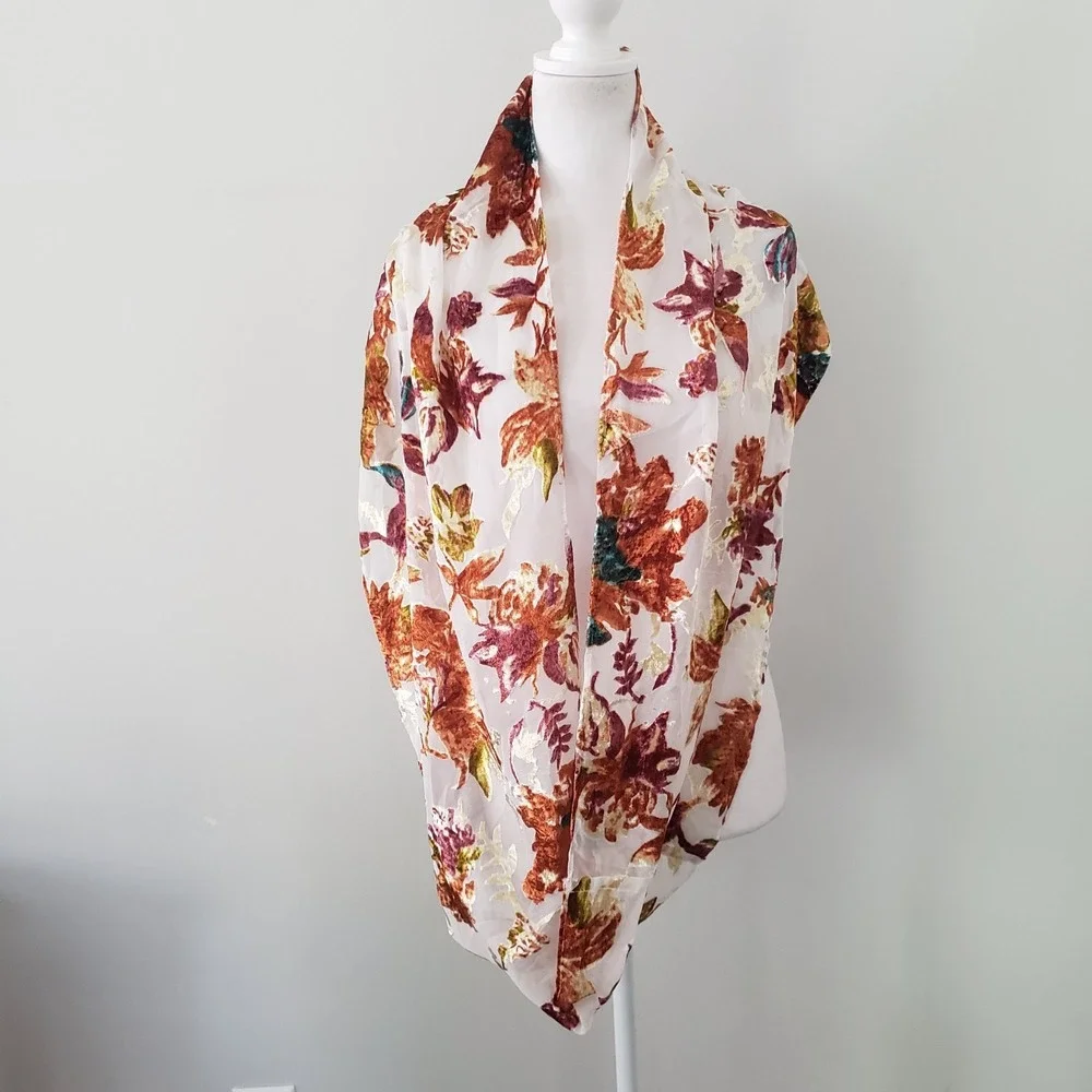 Krazy Kat‎ Infinity Scarf Velvet Burnout Forest Fairy Sheer Fall Leaves Boho